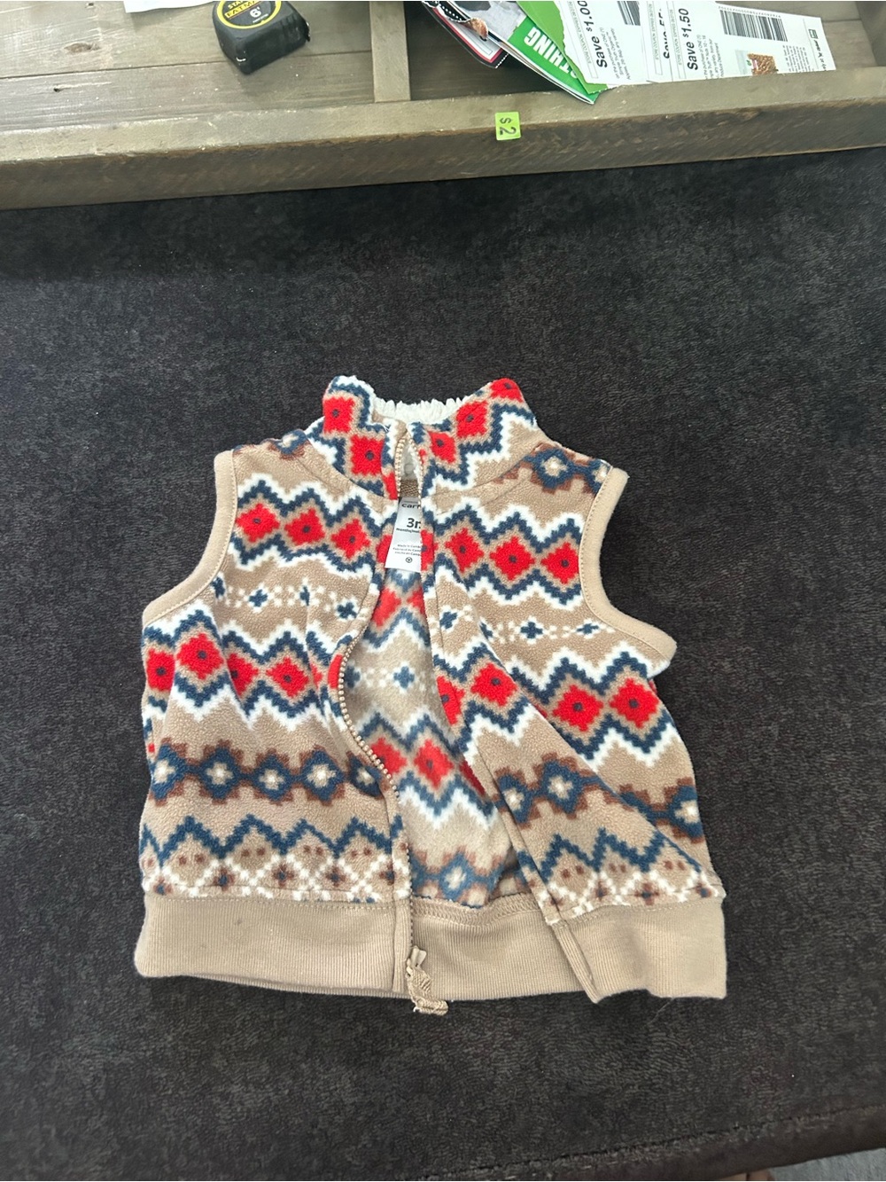 Infant Fair Isle Zip Front Fleece Vest - Beige, Red & Blue
